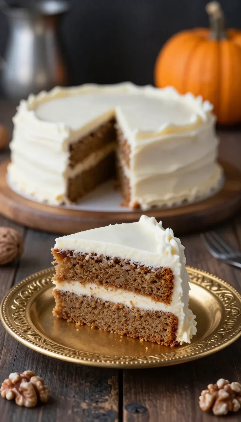Saftiger Kürbiskuchen auf einer Tortenplatte, bedeckt mit cremigem Frischkäse-Frosting und dekoriert mit Kürbiskernen.