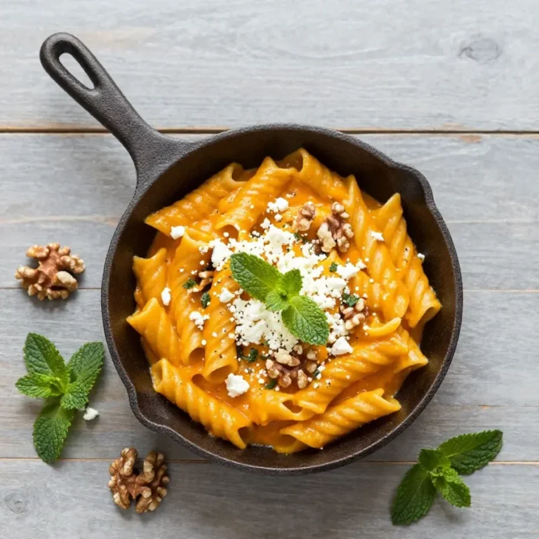 Ein Teller Pasta mit cremiger Kürbissauce, garniert mit frischen Kräutern und geriebenem Käse.