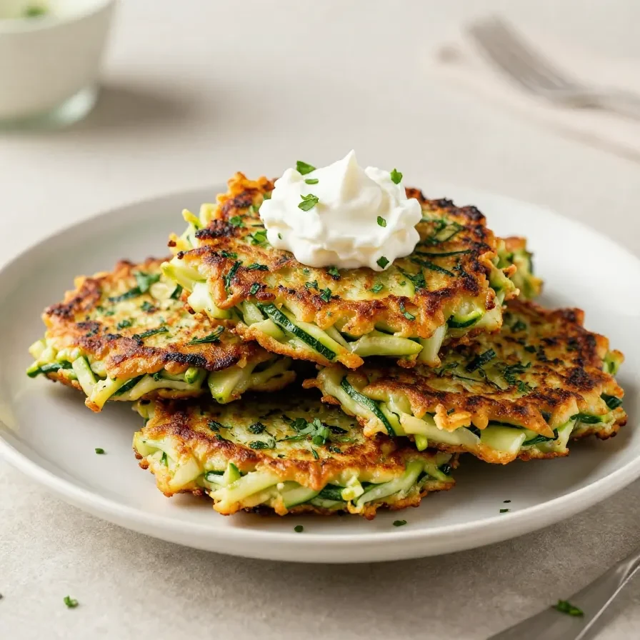 Goldbraun gebratene Zucchinipuffer auf einem Teller mit cremigem Dip und frischen Kräutern