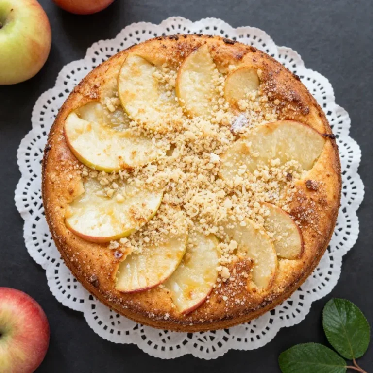 Ein frisch gebackener Apfel Schmandkuchen mit goldbrauner Oberfläche und Apfelscheiben auf einem Kuchenblech