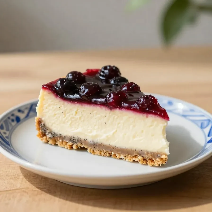 Ein veganer Mohn-Käsekuchen mit fruchtigem Himbeerspiegel auf einem hellen Teller, dekoriert mit frischen Himbeeren.