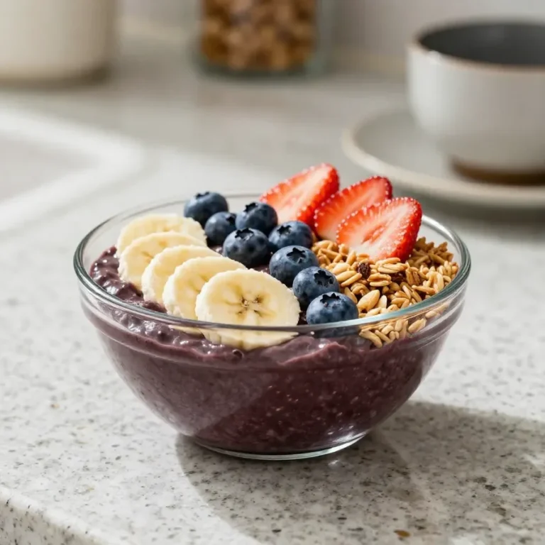Selbstgemachte Acai-Bowl mit Blaubeeren, Bananen, Erdbeeren und Toppings in einer Schüssel