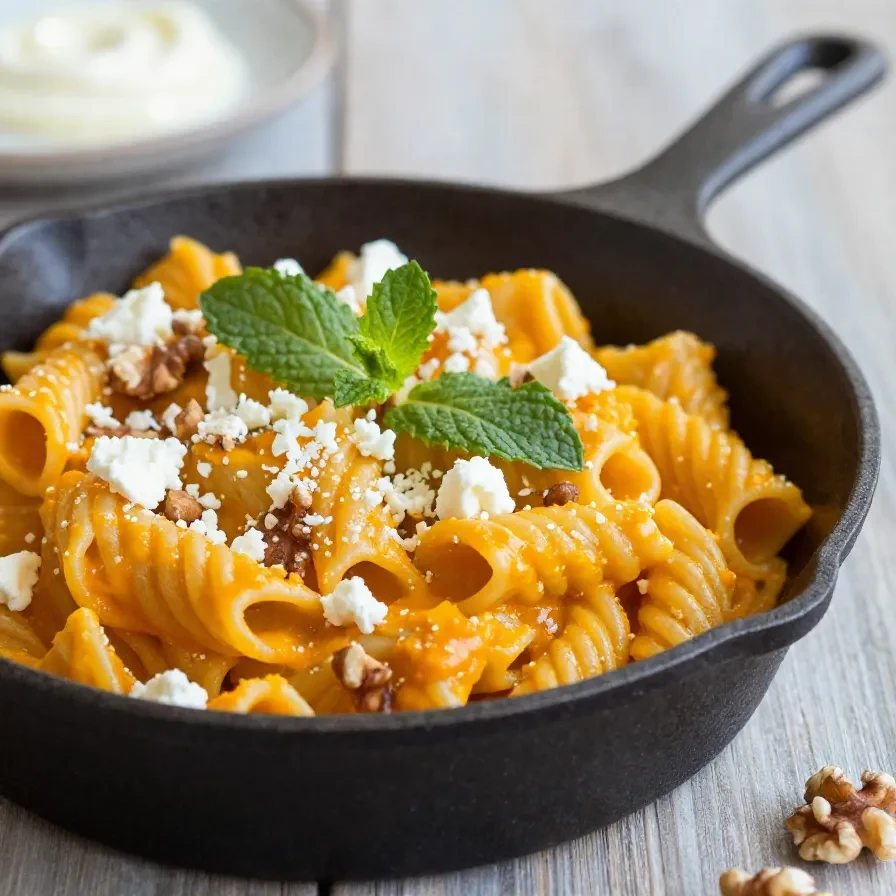 Ein Teller Pasta mit cremiger Kürbissauce, garniert mit frischen Kräutern und geriebenem Käse.