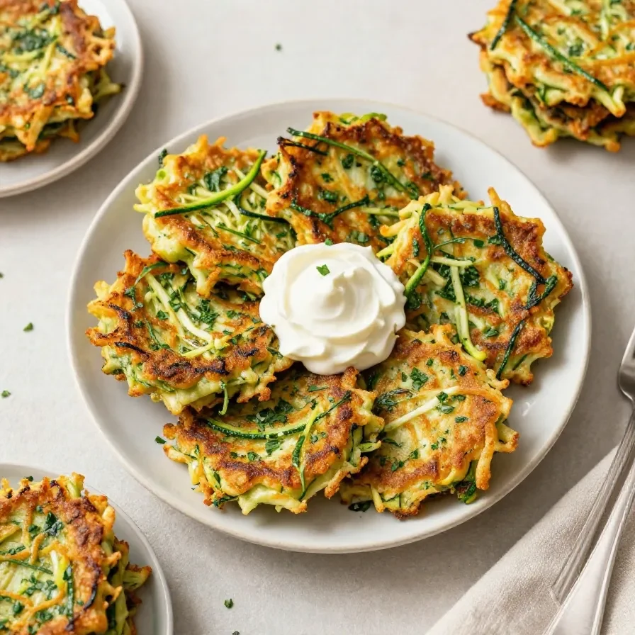 Goldbraun gebratene Zucchinipuffer auf einem Teller mit cremigem Dip und frischen Kräutern