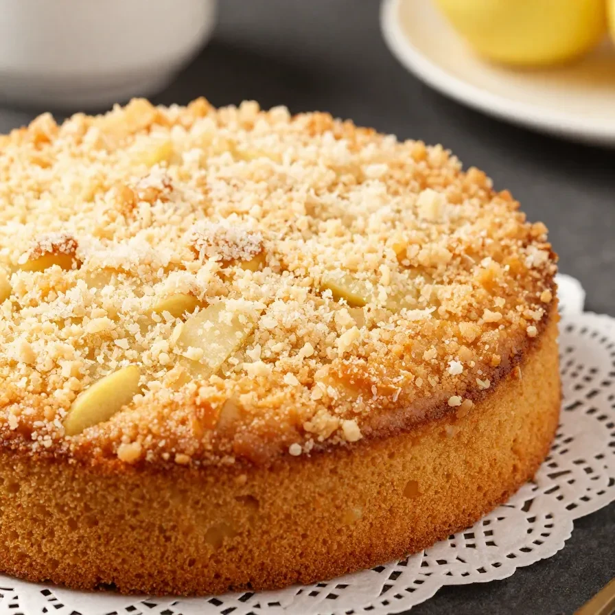 Ein frisch gebackener Apfel Schmandkuchen mit goldbrauner Oberfläche und Apfelscheiben auf einem Kuchenblech