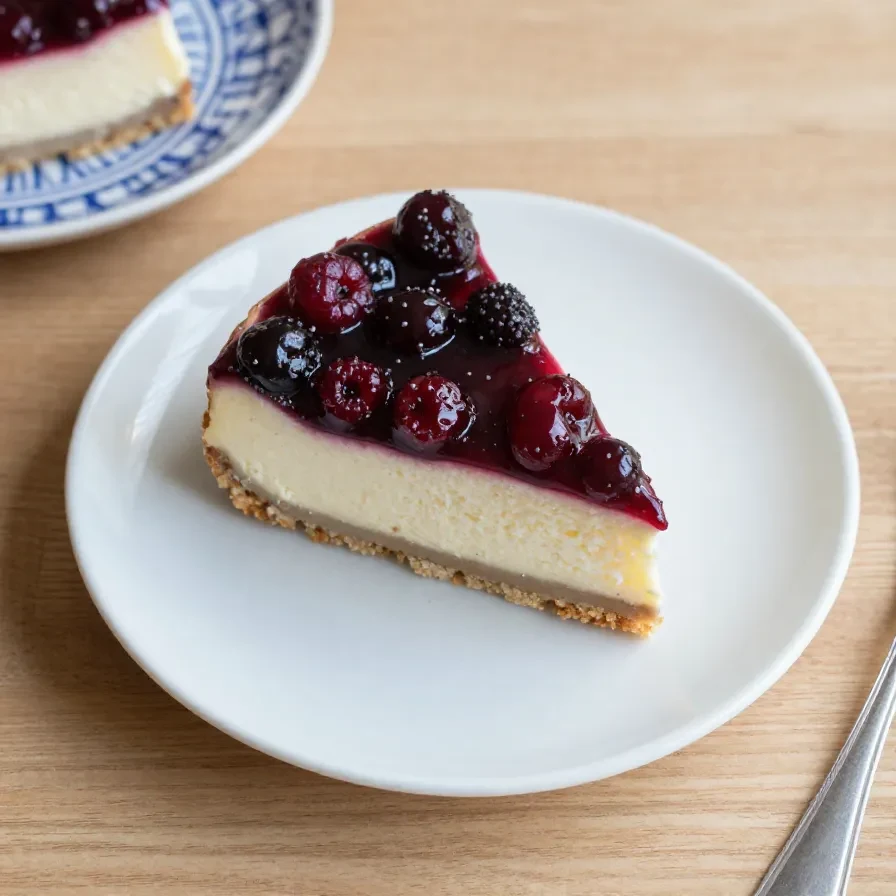 Ein veganer Mohn-Käsekuchen mit fruchtigem Himbeerspiegel auf einem hellen Teller, dekoriert mit frischen Himbeeren.