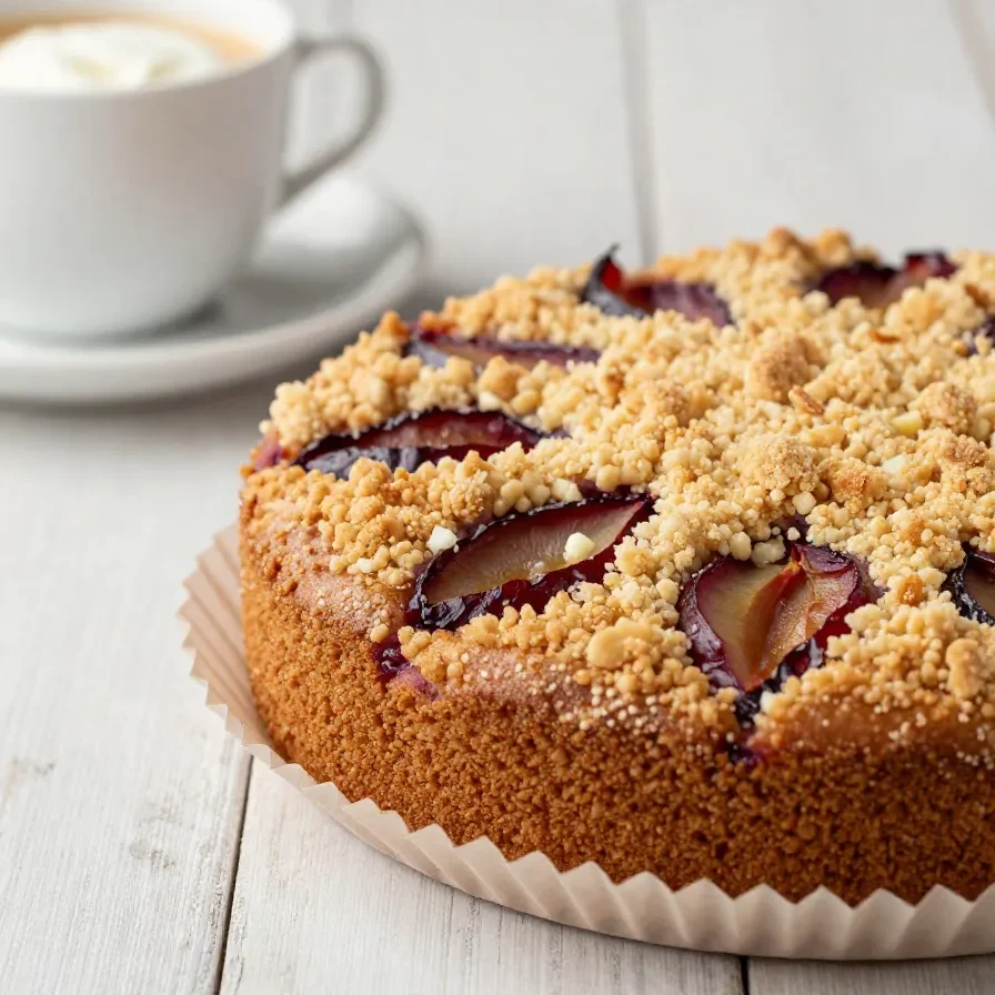 Ein Stück Pflaumenkuchen mit Butter-Zimt-Streuseln auf einem Teller