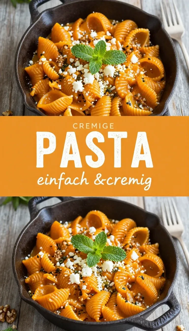 Ein Teller Pasta mit cremiger Kürbissauce, garniert mit frischen Kräutern und geriebenem Käse.