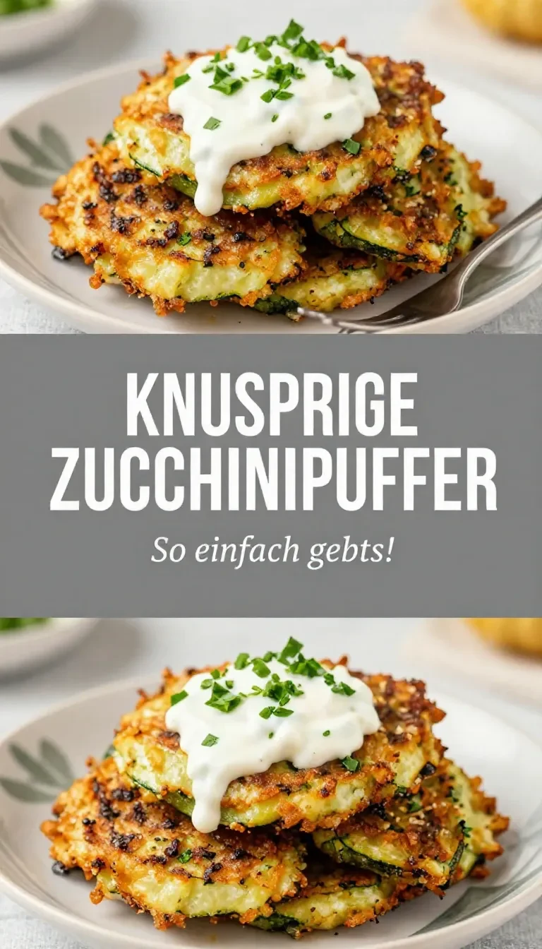 Goldbraun gebratene Zucchinipuffer auf einem Teller mit cremigem Dip und frischen Kräutern