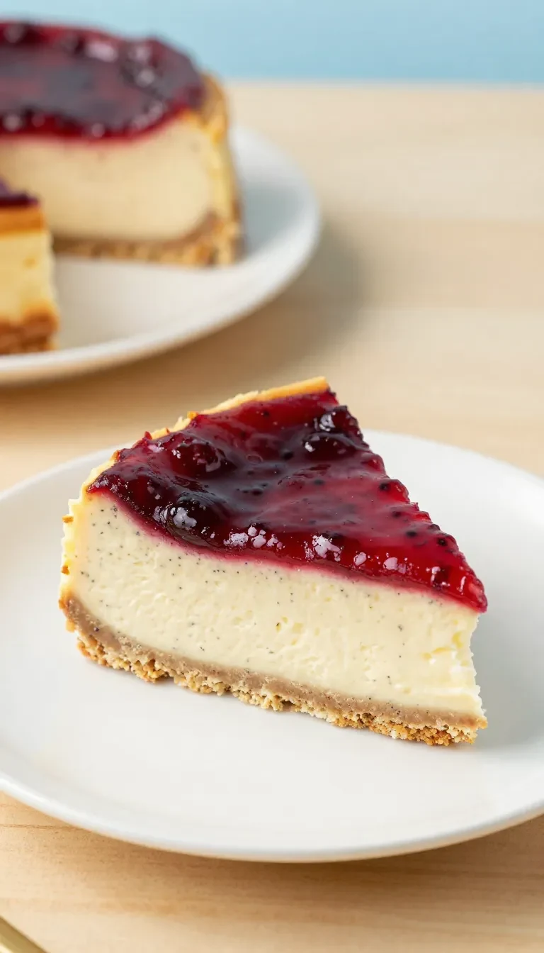 Ein veganer Mohn-Käsekuchen mit fruchtigem Himbeerspiegel auf einem hellen Teller, dekoriert mit frischen Himbeeren.