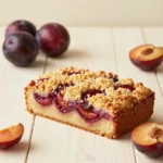 Ein schneller Pflaumenkuchen mit saftigen Pflaumen auf goldbraunem Teig auf einem Backblech.