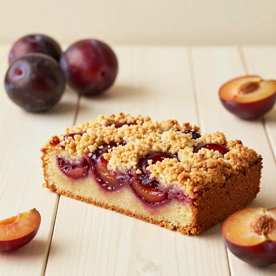 Ein schneller Pflaumenkuchen mit saftigen Pflaumen auf goldbraunem Teig auf einem Backblech.