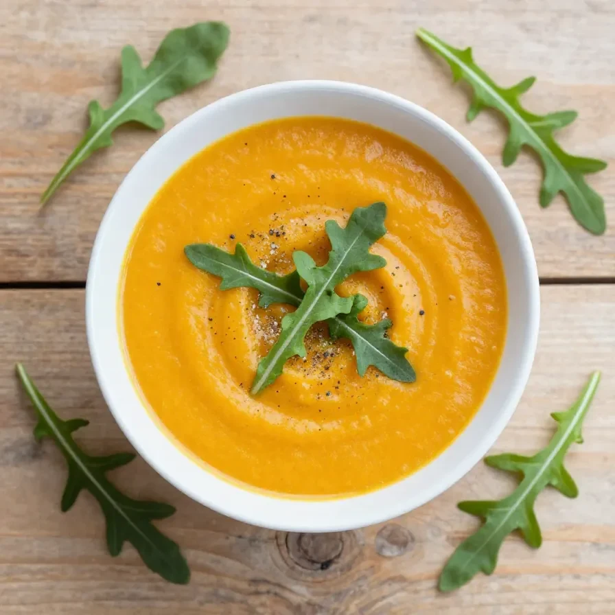Eine cremige vegane Kürbissuppe in einer Schüssel, garniert mit Kürbiskernen und frischen Kräutern.