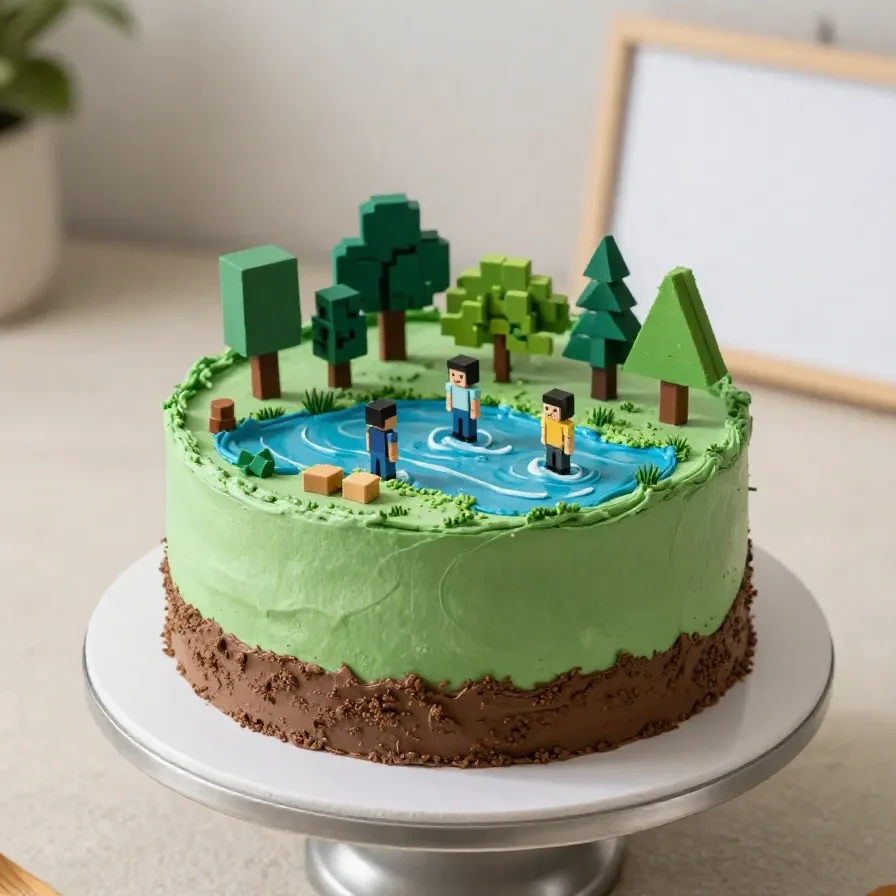 Minecraft-inspirierter Kürbiskuchen auf einem rustikalen Teller mit würfelförmiger Optik und herbstlicher Dekoration