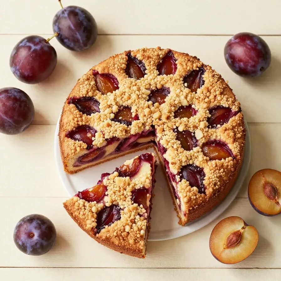 Ein schneller Pflaumenkuchen mit saftigen Pflaumen auf goldbraunem Teig auf einem Backblech.