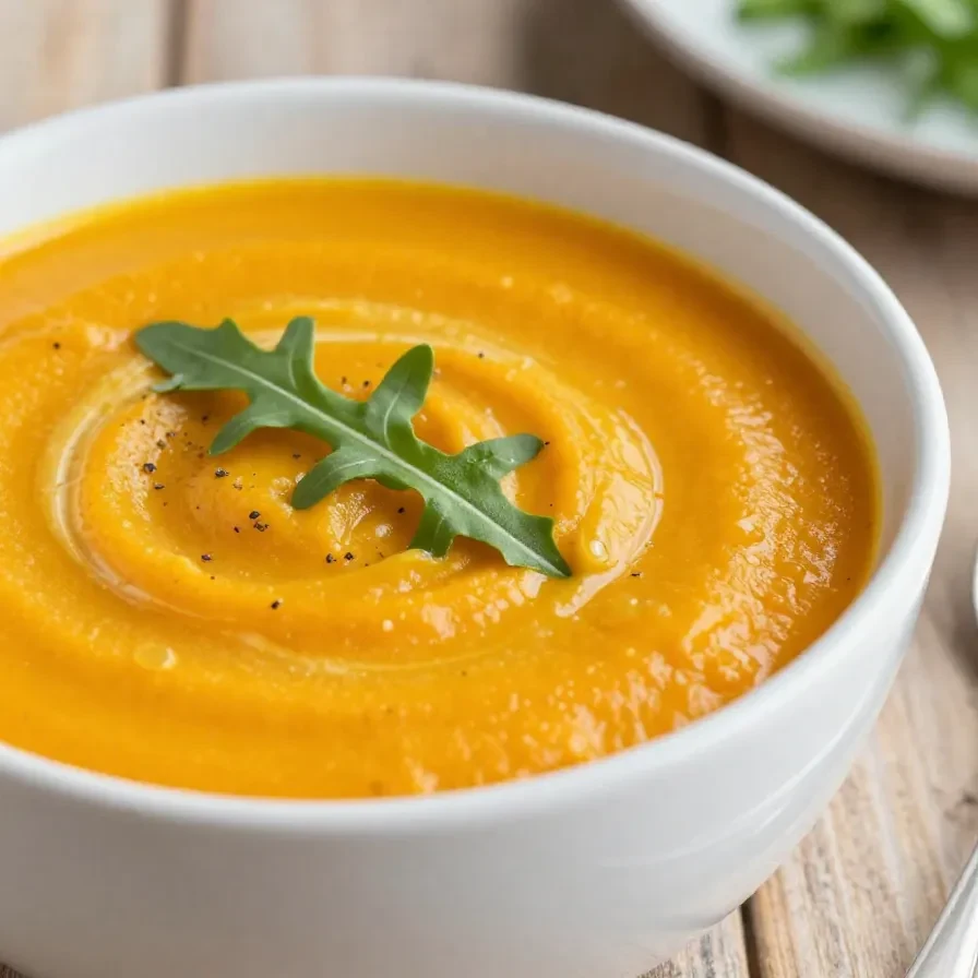 Eine cremige vegane Kürbissuppe in einer Schüssel, garniert mit Kürbiskernen und frischen Kräutern.