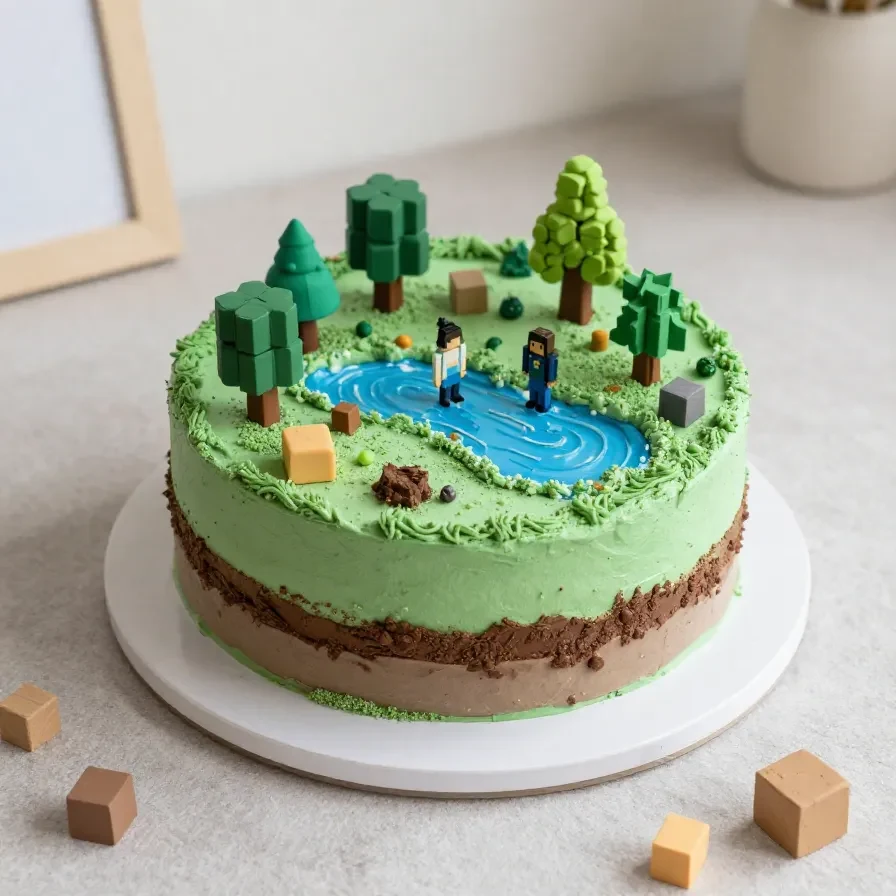 Minecraft-inspirierter Kürbiskuchen auf einem rustikalen Teller mit würfelförmiger Optik und herbstlicher Dekoration
