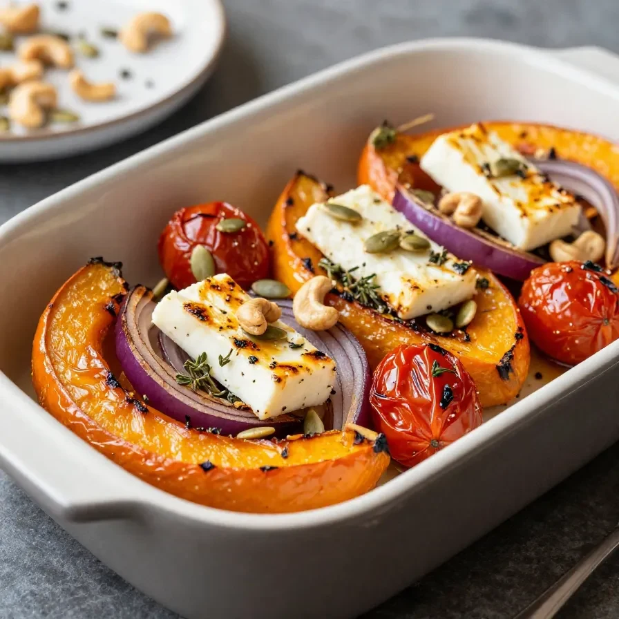 Ofenkürbis mit Feta auf einem Teller, garniert mit frischen Kräutern und gerösteten Kernen.