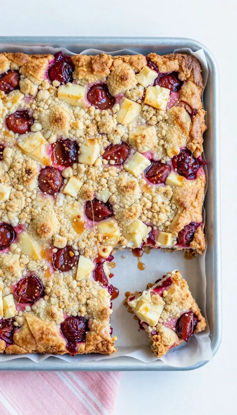 Ein goldbrauner Streusel-Pflaumenkuchen vom Blech mit saftigen Pflaumen und knusprigen Streuseln auf Backpapier.