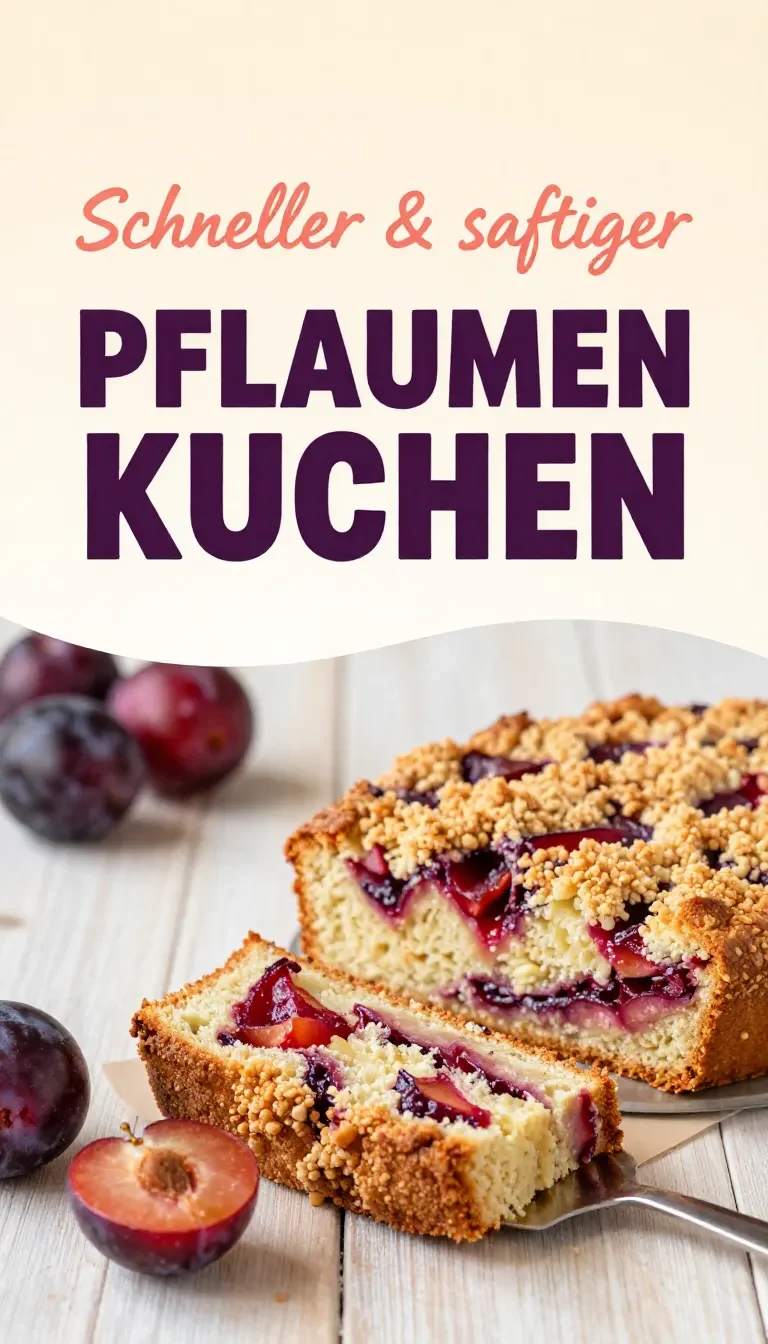 Ein schneller Pflaumenkuchen mit saftigen Pflaumen auf goldbraunem Teig auf einem Backblech.