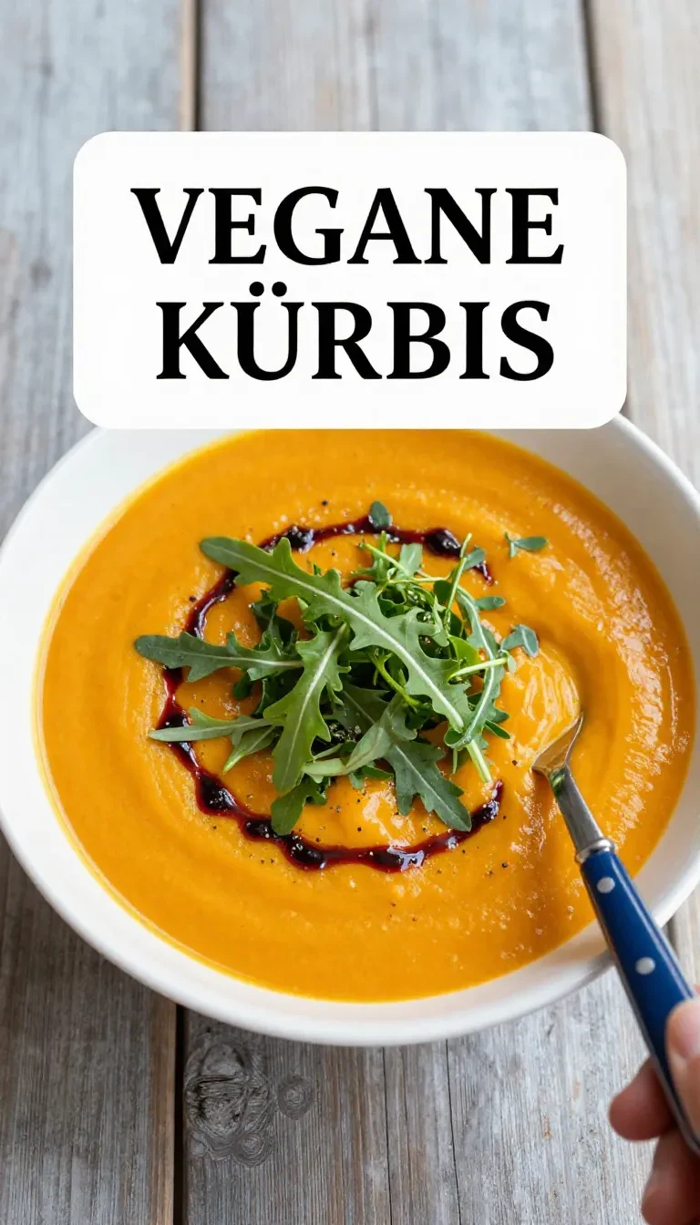 Eine cremige vegane Kürbissuppe in einer Schüssel, garniert mit Kürbiskernen und frischen Kräutern.
