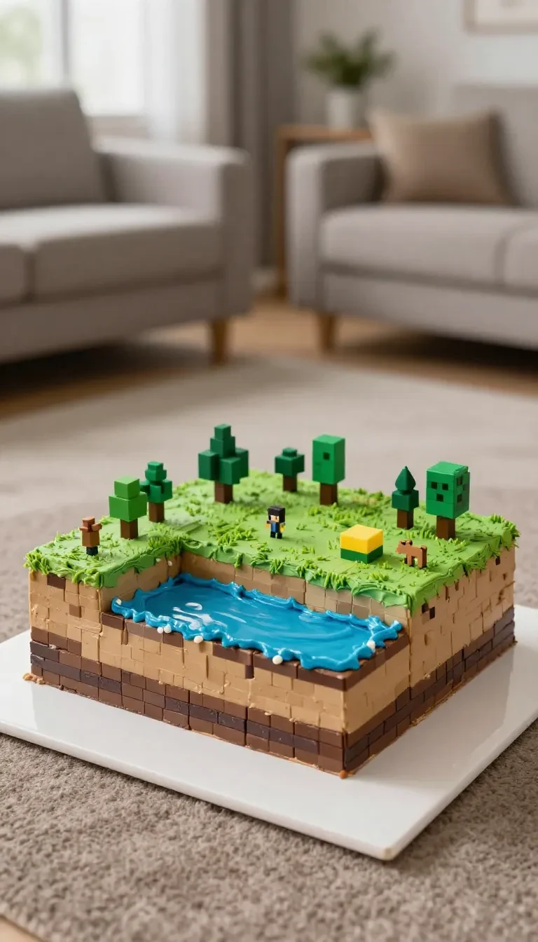 Minecraft-inspirierter Kürbiskuchen auf einem rustikalen Teller mit würfelförmiger Optik und herbstlicher Dekoration