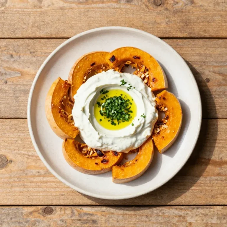 Geröstete Butternut-Würfel mit cremigem veganem Feta-Dip auf einem Teller.