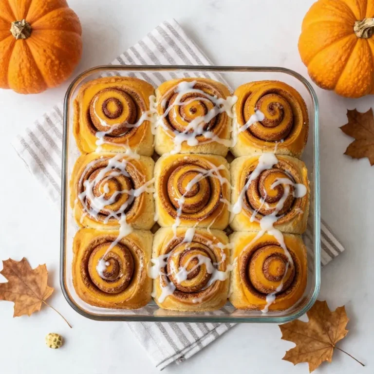 Fluffige Pumpkin Pie Zimtschnecken mit cremiger Glasur auf einem Teller serviert