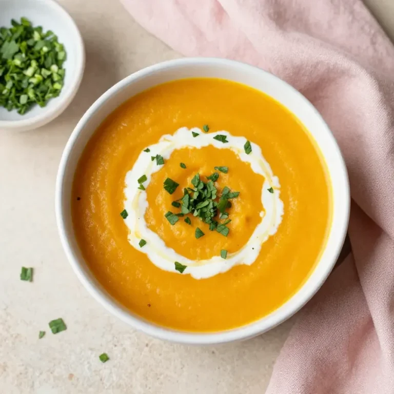 Eine dampfende Schüssel cremiger Kürbissuppe, garniert mit Kürbiskernen und einem Klecks Sahne, serviert auf einem rustikalen Holztisch.