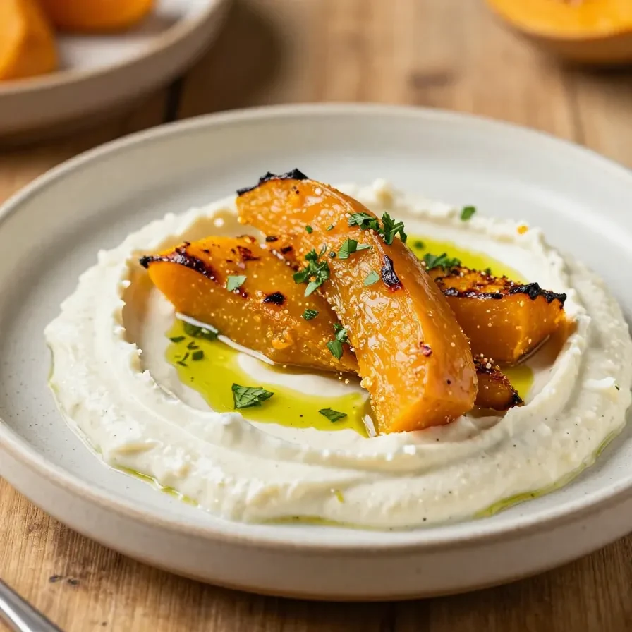 Geröstete Butternut-Würfel mit cremigem veganem Feta-Dip auf einem Teller.