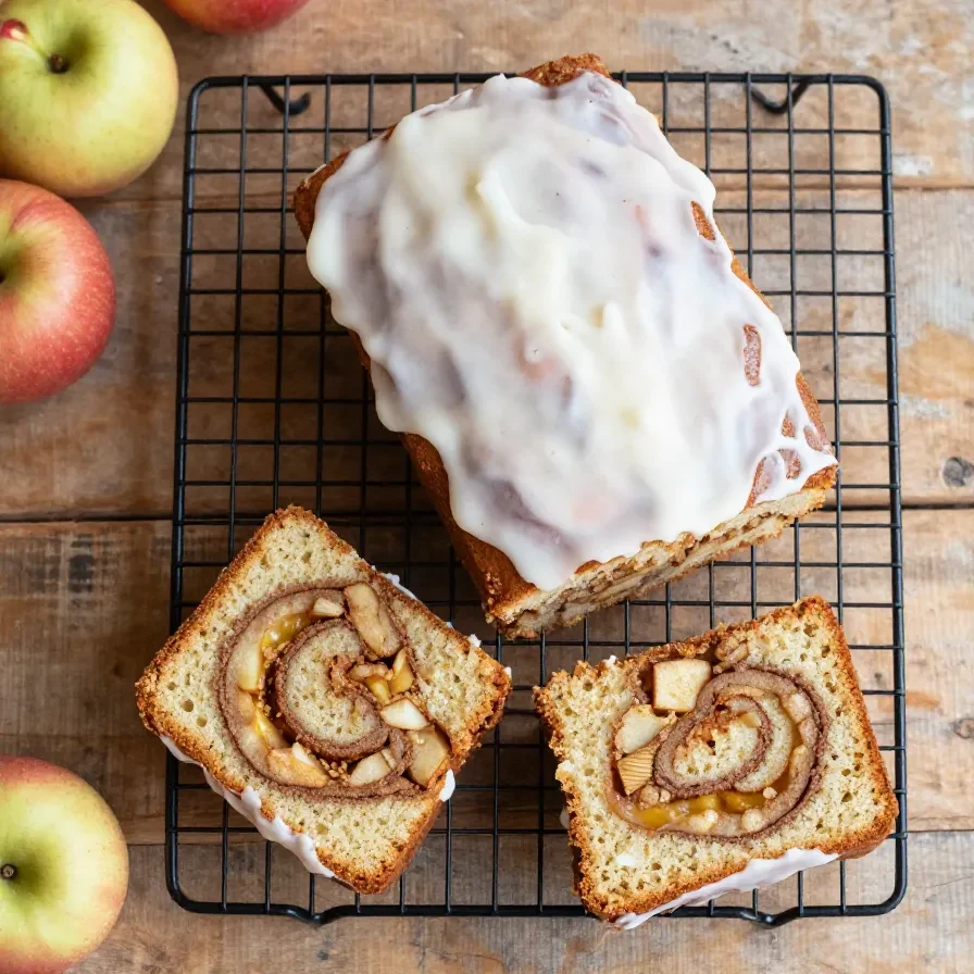 Frisch gebackener Zimtschnecken-Apfelkuchen mit goldbrauner Kruste und sichtbarer Zimtfüllung auf einem Kuchenteller.