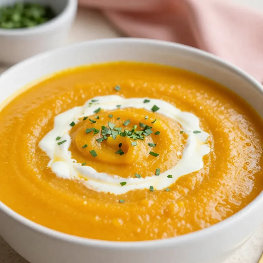 Eine dampfende Schüssel cremiger Kürbissuppe, garniert mit Kürbiskernen und einem Klecks Sahne, serviert auf einem rustikalen Holztisch.
