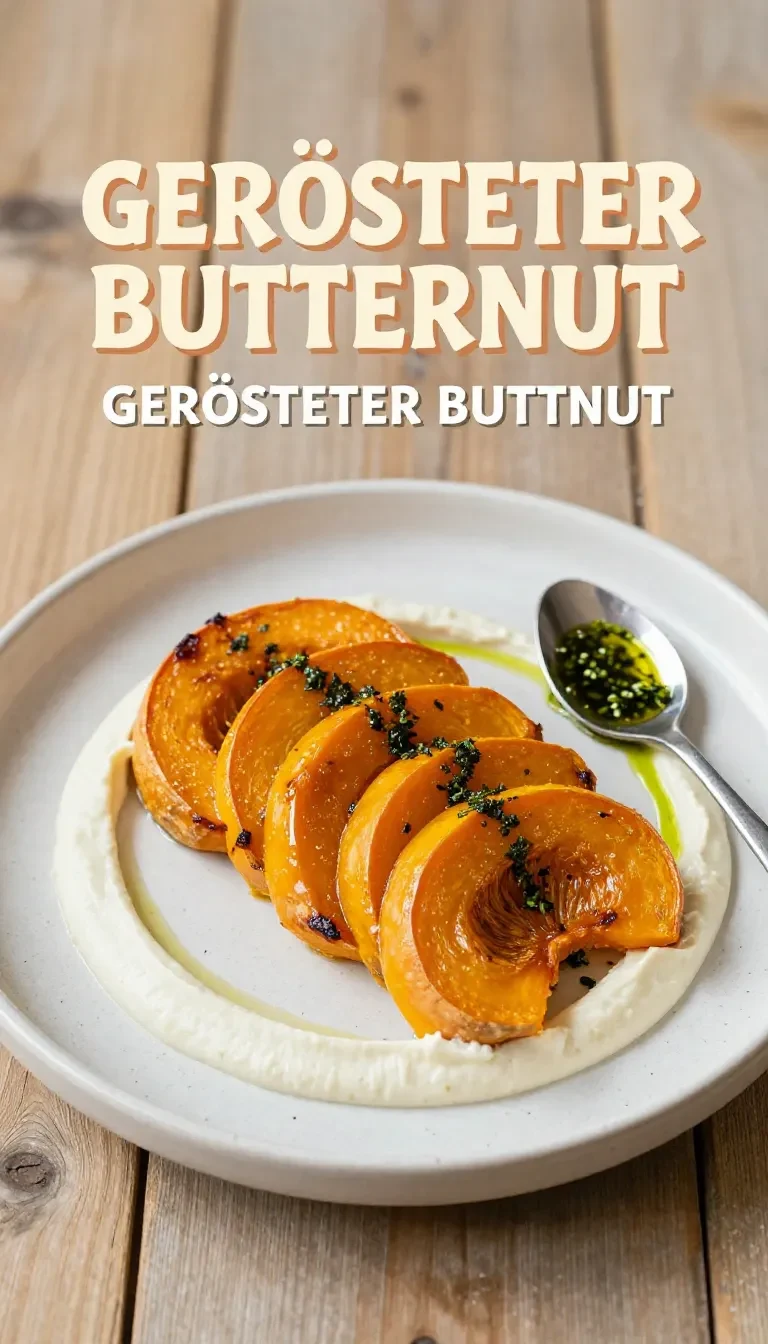 Geröstete Butternut-Würfel mit cremigem veganem Feta-Dip auf einem Teller.