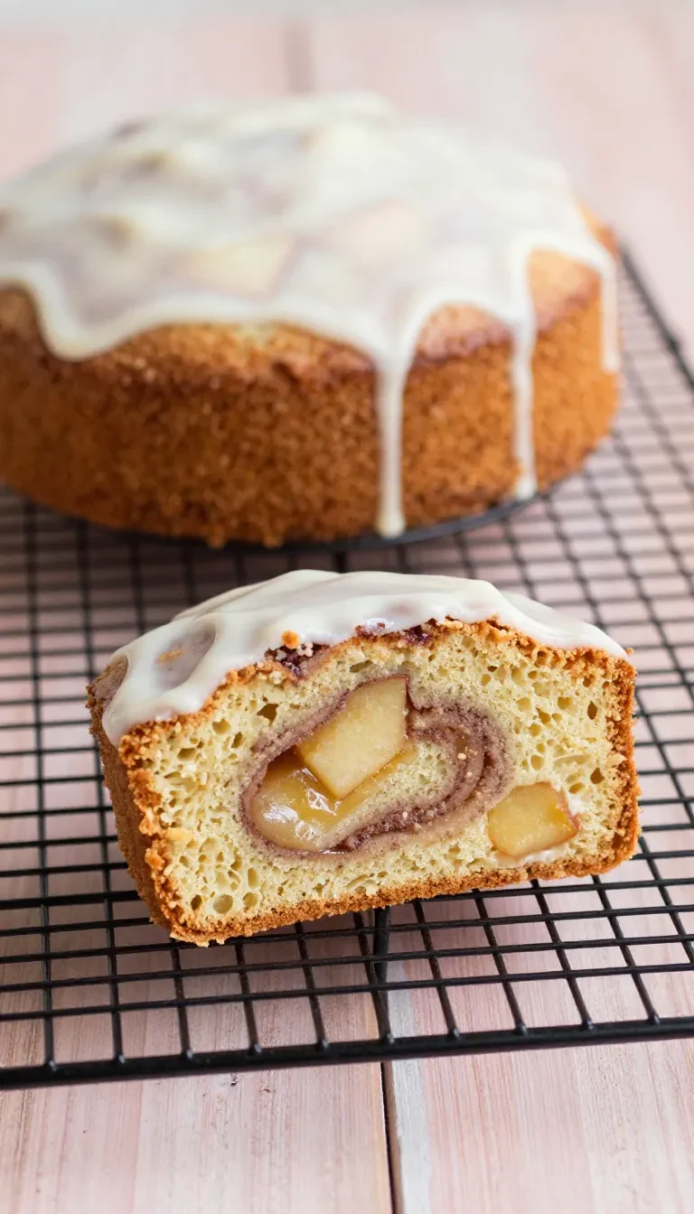 Frisch gebackener Zimtschnecken-Apfelkuchen mit goldbrauner Kruste und sichtbarer Zimtfüllung auf einem Kuchenteller.