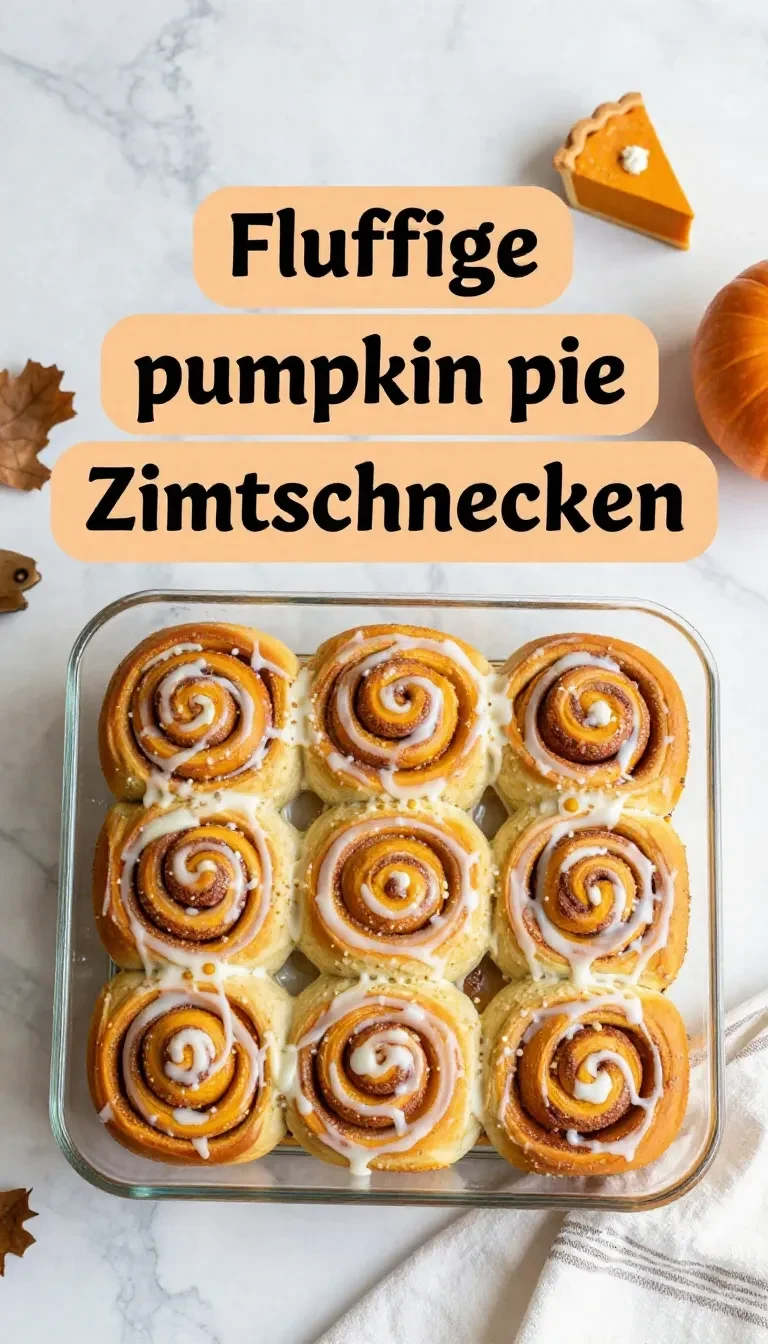 Fluffige Pumpkin Pie Zimtschnecken mit cremiger Glasur auf einem Teller serviert