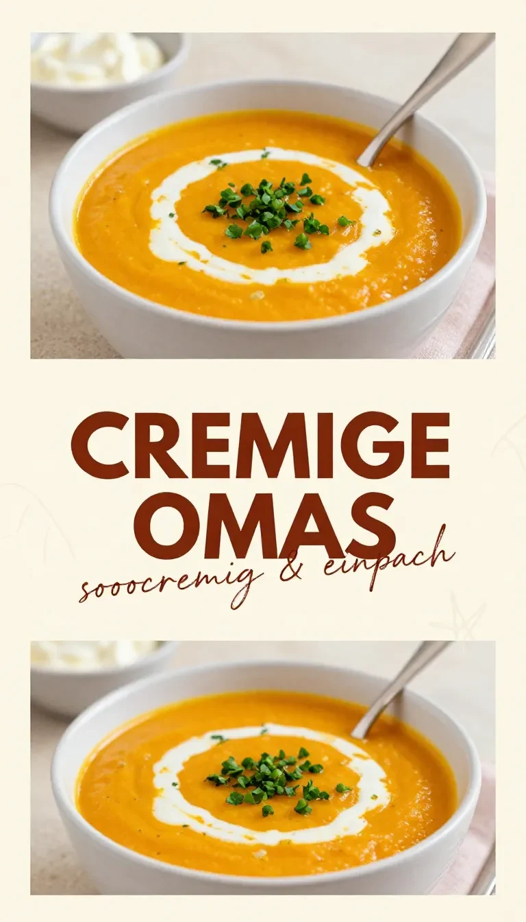 Eine dampfende Schüssel cremiger Kürbissuppe, garniert mit Kürbiskernen und einem Klecks Sahne, serviert auf einem rustikalen Holztisch.