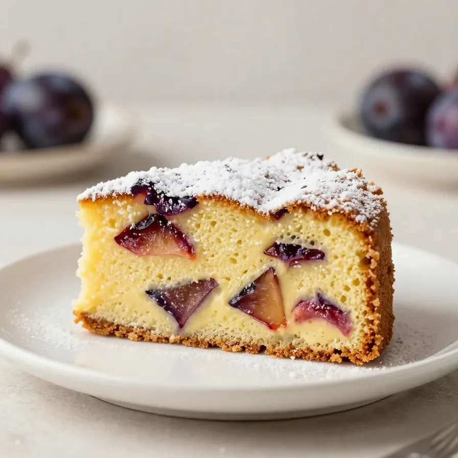 Saftiger Zwetschgenkuchen mit goldbraunem Rührteig und frischen, halbierten Zwetschgen auf einem Blech.