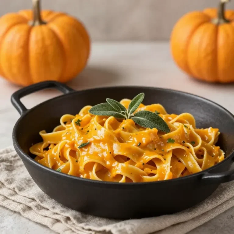 Ein Teller One-Pot-Kürbis-Pasta mit cremiger Sauce, Kürbisstücken und frischen Kräutern, serviert auf einem rustikalen Tisch.