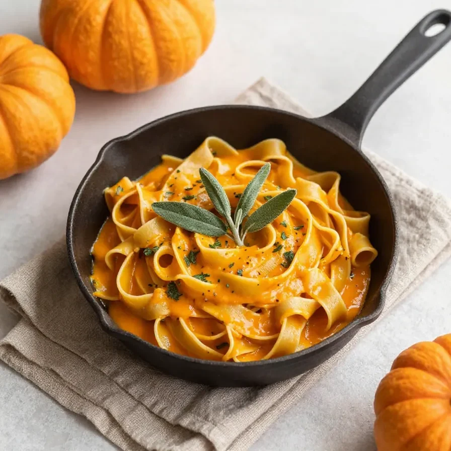 Ein Teller One-Pot-Kürbis-Pasta mit cremiger Sauce, Kürbisstücken und frischen Kräutern, serviert auf einem rustikalen Tisch.