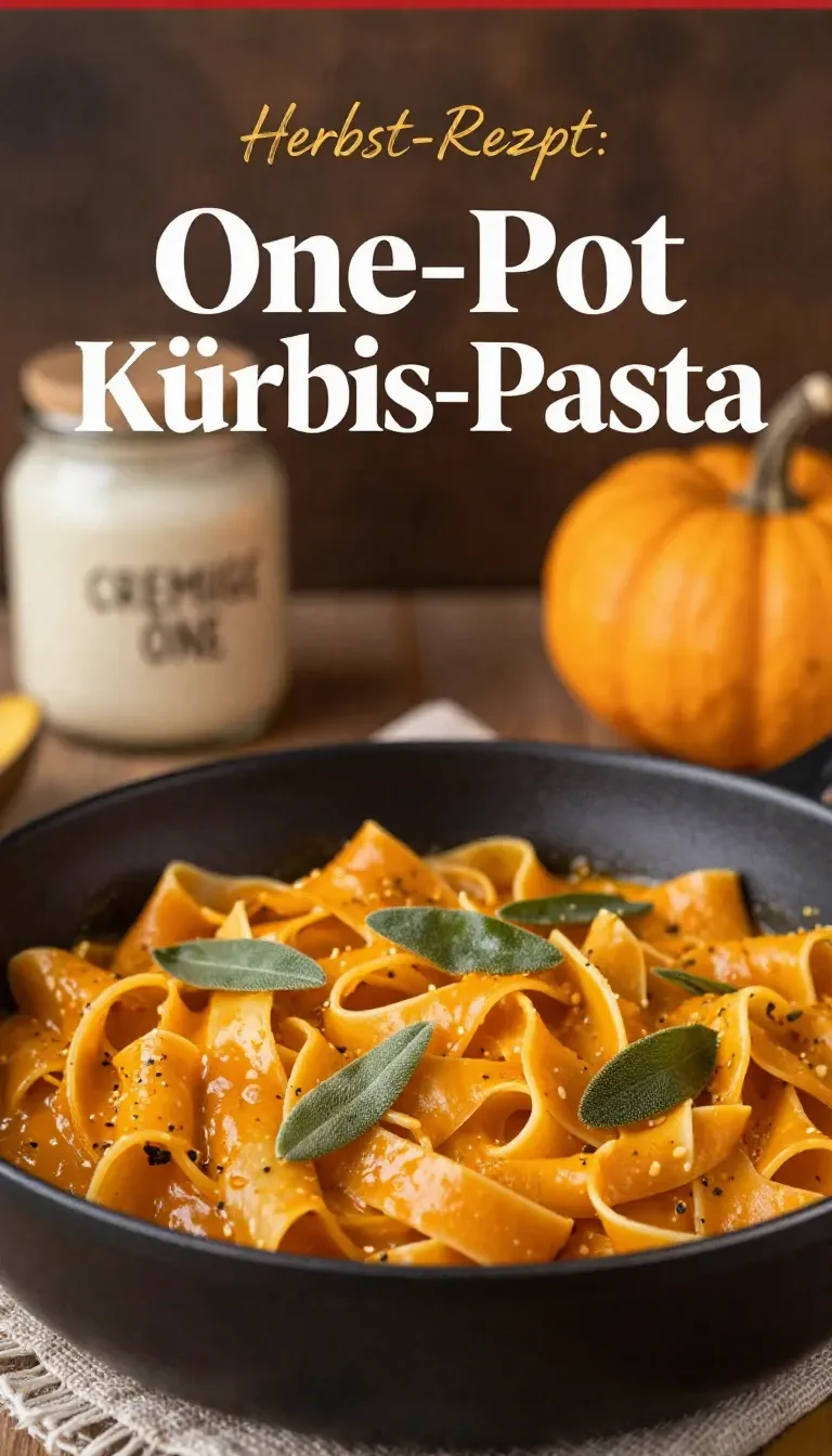 Ein Teller One-Pot-Kürbis-Pasta mit cremiger Sauce, Kürbisstücken und frischen Kräutern, serviert auf einem rustikalen Tisch.