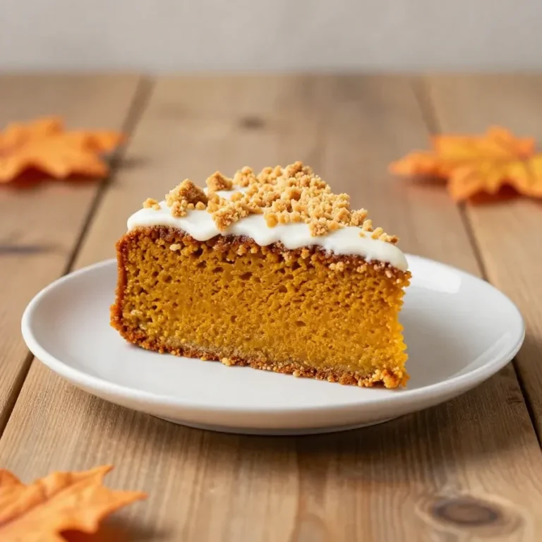 Saftiger Pumpkin Spice Kuchen auf einem hellen Teller, garniert mit einer leichten Zuckerglasur und etwas Zimt.