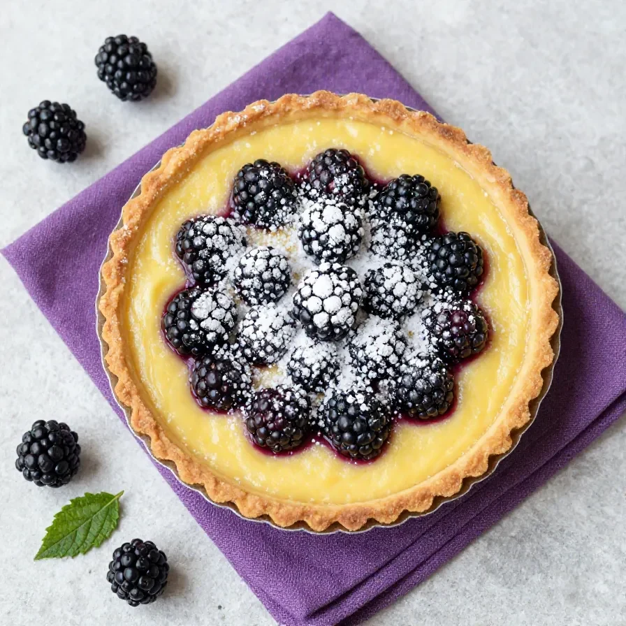 Brombeertarte mit Mandeln 1 Brombeertarte mit Mandelbelag auf einem Teller, dekoriert mit frischen Brombeeren und Puderzucker