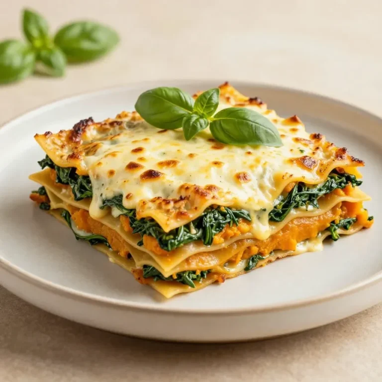 Ein Stück Kürbis-Spinat-Lasagne auf einem Teller, garniert mit frischen Kräutern.