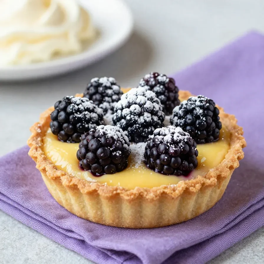 Brombeertarte mit Mandeln 6 Brombeertarte mit Mandelbelag auf einem Teller, dekoriert mit frischen Brombeeren und Puderzucker