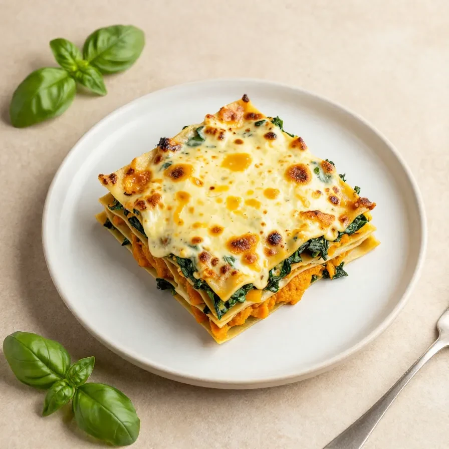 Ein Stück Kürbis-Spinat-Lasagne auf einem Teller, garniert mit frischen Kräutern.