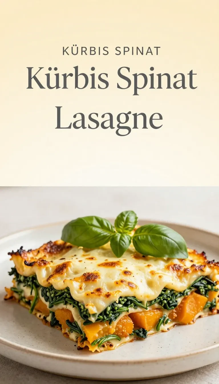 Ein Stück Kürbis-Spinat-Lasagne auf einem Teller, garniert mit frischen Kräutern.