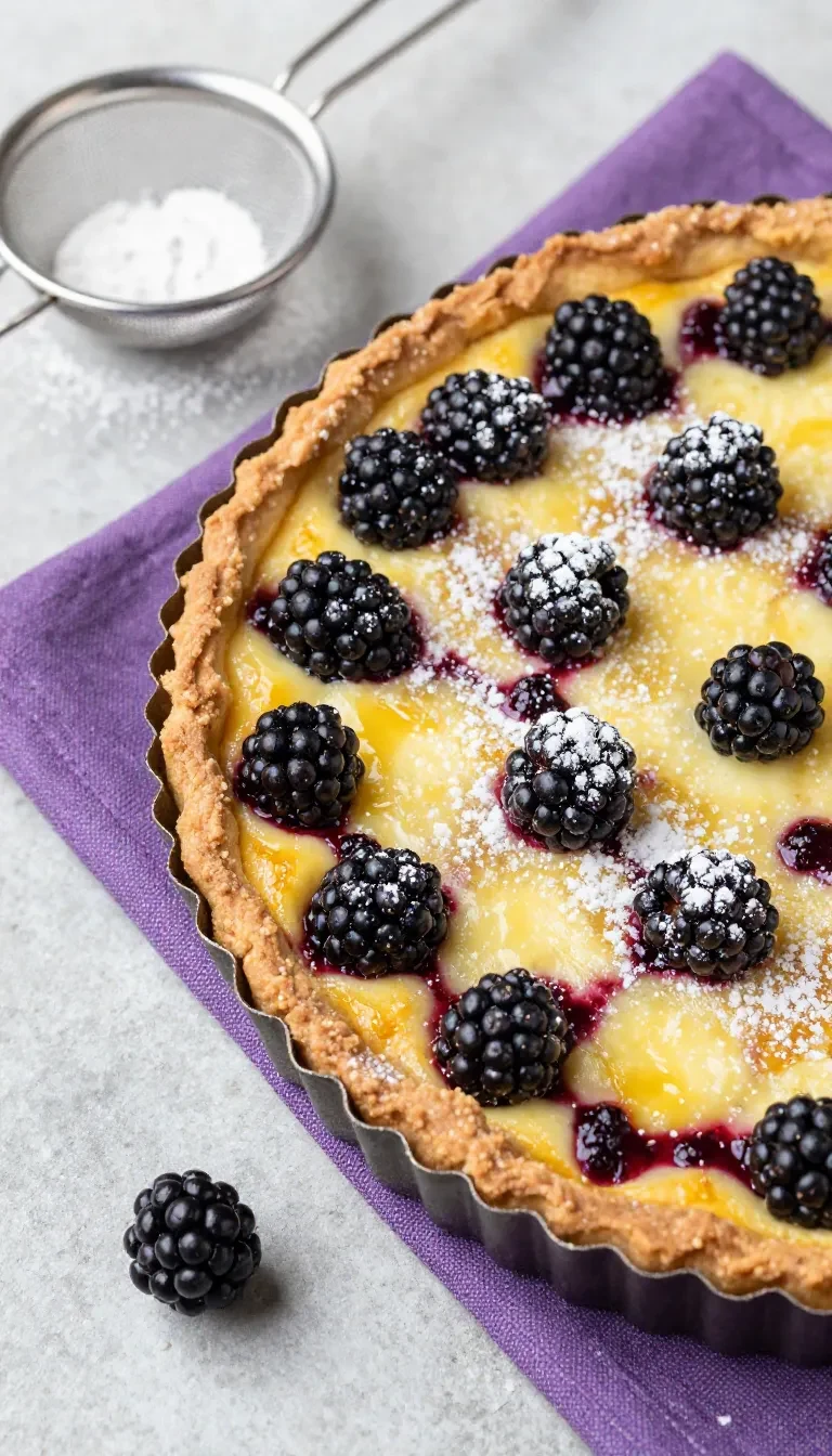 Brombeertarte mit Mandeln 10 Brombeertarte mit Mandelbelag auf einem Teller, dekoriert mit frischen Brombeeren und Puderzucker