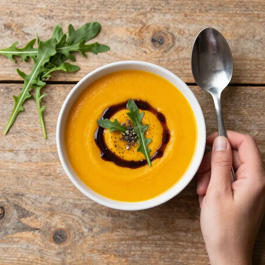 Eine cremige vegane Kürbissuppe in einer Schale, serviert mit frischen Kräutern und gerösteten Kürbiskernen.