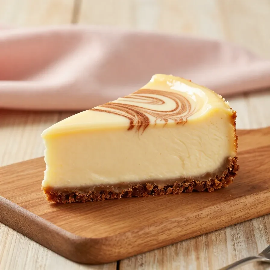 Ein cremiger Zimtschnecken-Cheesecake mit goldbrauner Zimtfüllung und dekorativen Zimtspiralen auf der Oberfläche.