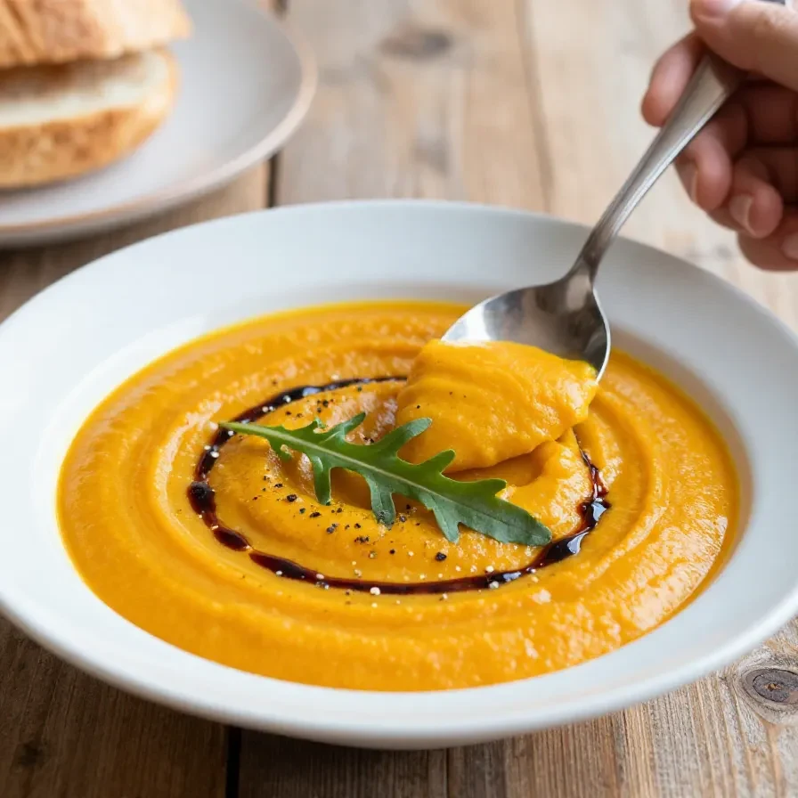 Eine cremige vegane Kürbissuppe in einer Schale, serviert mit frischen Kräutern und gerösteten Kürbiskernen.